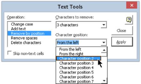 Text Tools dialog box with higlighted Remove by postion under Operation and a cursor pointing Character position2 in the drop-down list. Close and Apply buttons are on the top right.