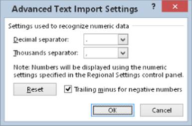 Advanced Text Import Settings dialog box with two drop-downs for Decimal Separator and Thousands Separator and a Reset button below.