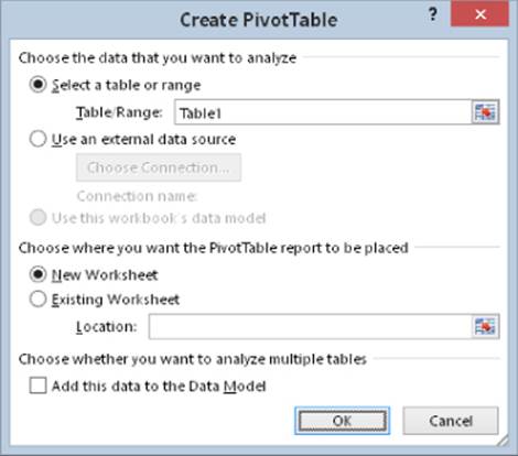 Create PivotTable dialog box presenting three sections with radio buttons to choose the data to analyze, the location of the PivotTable report, and the option to analyze multiple tables.