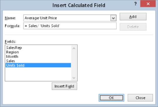 Insert Calculated Field dialog with inputs Average Unit Price on the Name field, =Sales/'Units Sold' on the Formula field, and Units Sold highlighted on the Fields section.