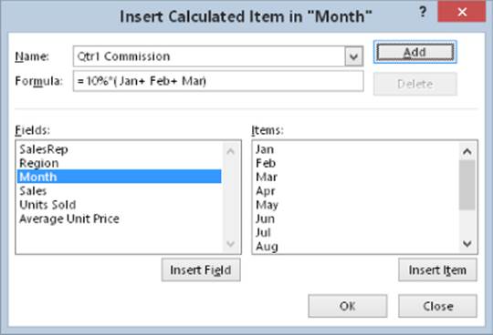 Insert Calculated Item in "Month" dialog box with Name set to Qtr1 Commission and Formula to =10%*(Jan+Feb+Mar). Month in Fields section (left) is selected. Items section (right) lists the months.