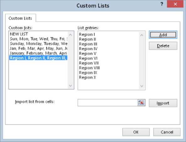 Custom Lists dialog box with panes listing custom lists (left) and list entries (right). Below is a field for Import List From Cells.