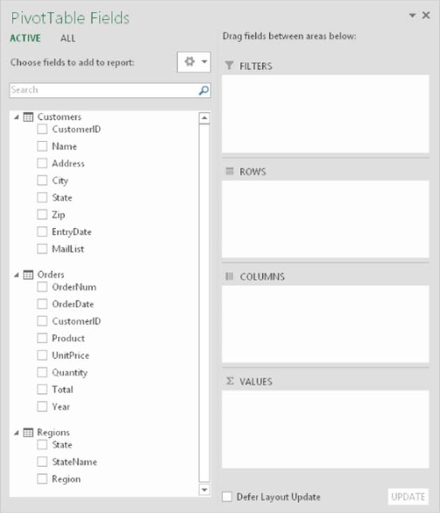 PivotTable Fields task pane presenting a data tree for three active tables (Customers, Orders, and Regions). On the right are sections labeled Filters, Rows, Columns, and Values.