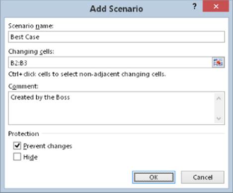 Add scenario dialog box. It contains sections for scenario name, changing cells, a comment box, and the Prevent changes checked under protection option. 