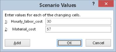 Scenario Values dialog box presenting entry boxes for Hourly_labor_cost, and Material_cost.