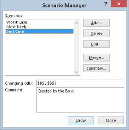 Scenario Manager dialog box displaying a list of scenarios (left), Add, Delete, Edit, Merge, and Summary buttons (right), and Changing cells option, Comment with field box, and Show and Close buttons (below). 