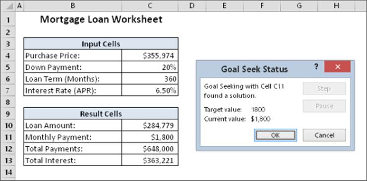 Similar to figure 36.2, except that the dialog box is now labeled Goal Seek Status, stating that the goal seeking with cell C11 found a solution, also indicating the target and current values.