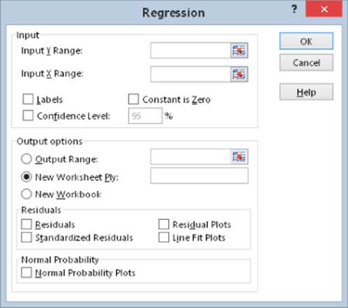 Regression dialog box. It has section for Input, which feature Y and X range, and a section for Output options, which feature output range, residuals, and normal probability.