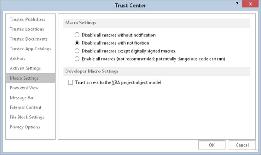 Trust Center dialog box featuring two panels. The left panel has Macro Settings highlighted while the right panel has Disable all macros with notification selected.
