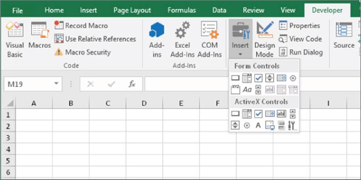 Developer tab of the Excel. It displays the Insert icon with a drop-down list of Form controls and ActiveX controls.