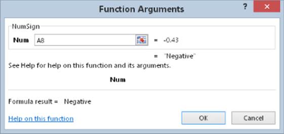 Function Arguments dialog box. It features a NumSign section and indicates that the formula result is negative.
