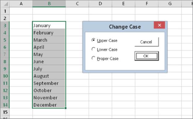 Worksheet of a pivot table with column B listing the months January to December. A Change Case dialog box is adjacent to the table and the upper case option has been selected.