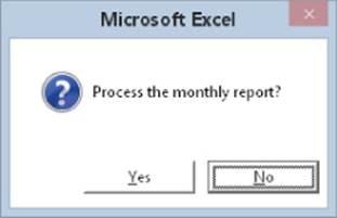 Microsoft Excel message box. The message states "Process the monthly report?", with Yes and No buttons at the bottom portion of the box.