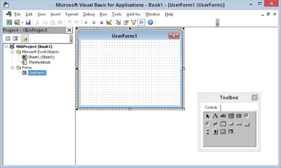 Microsoft Visual Basic for Applications window. The panel on the left has UserForm1 highlighted. On the right is displayed the UserForm1 box and the Toolbox with its controls.