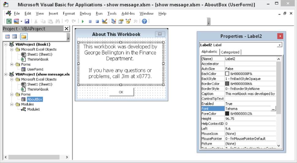 Similar to figure 41.7, except the left panel has extended and AboutBox is highlighted. UserForm1 box is re-titled About This Workbook, and the Properties box highlights Font.
