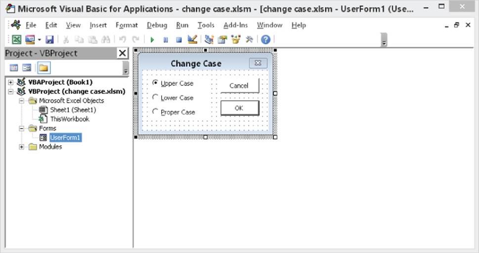 Similar to figure 41.8, except the left panel list is back to highlighting UserForm1, the Properties box is excluded, and the About This Workbook box is re-titled Change Case.