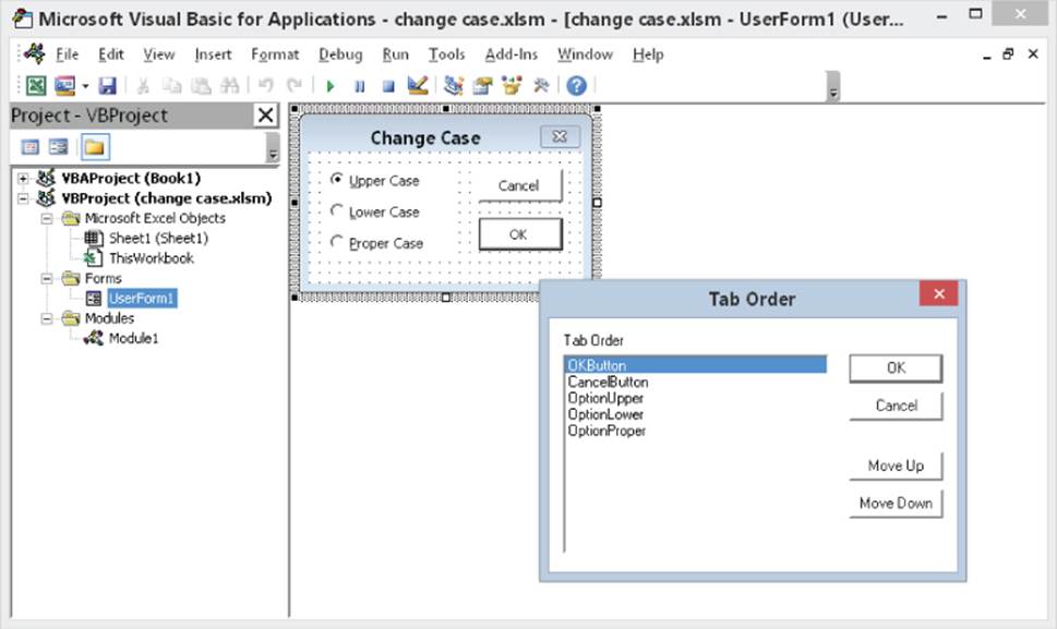 Microsoft Visual Basic for Applications window. The panel on the left has UserForm1 highlighted. On the right is displayed a Change Case box and the Tab Order dialog box.