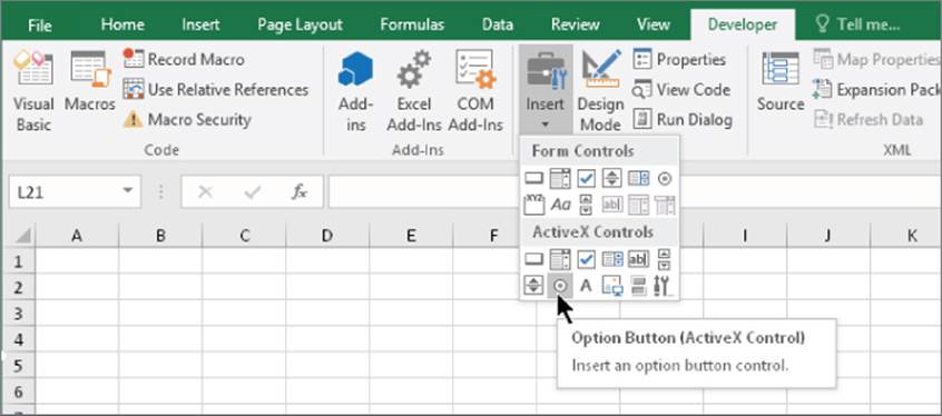 Developer tab of the Excel app displaying the Insert icon with a drop-down list of Form controls and ActiveX controls. The cursor is over the Option Button in ActiveX Control. 