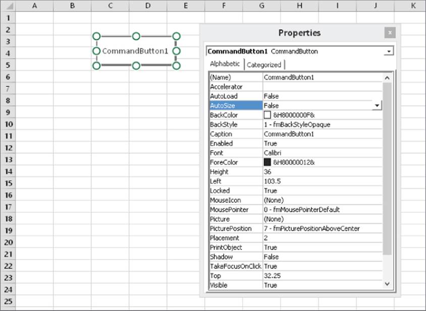 Worksheet of a pivot table with a Properties window. The alphabetic tab is open, adjusting the properties of a CommandButton1 control.