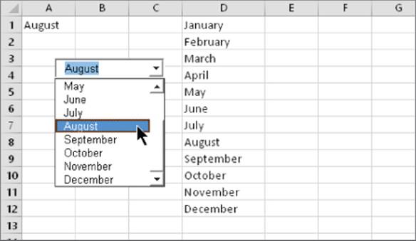 Worksheet of a pivot table featuring the months January to December in column D. A Combobox has its drop-down list open within the pivot table.