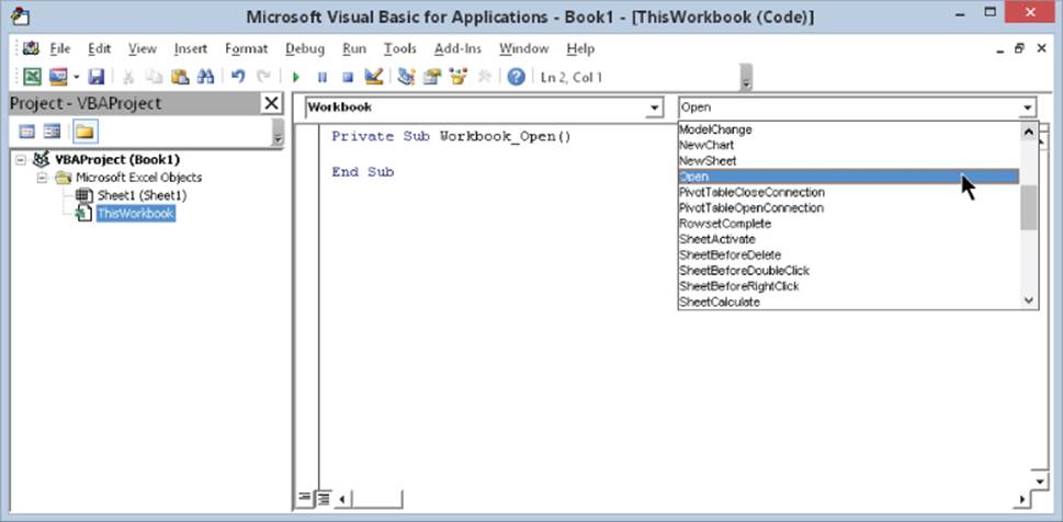Microsoft Visual Basic for Applications window. The panel on the left has TheWorkbook highlighted. The right displays the code module, with a drop-down list open above it.
