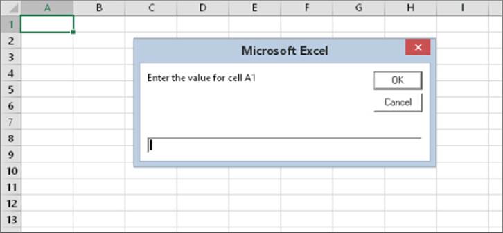 Worksheet of a pivot table. A Microsoft Excel message box overlays the image, stating "Enter the value for cell A1". OK and Cancel buttons are adjacent to the message.
