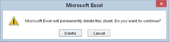 Microsoft Excel alert box. Its message states "Microsoft Excel will permanently delete this sheet. Do you want to continue?". Delete and Cancel buttons are under the message.