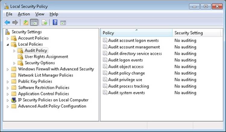 Local Security Policy Editor audit policy configuration
