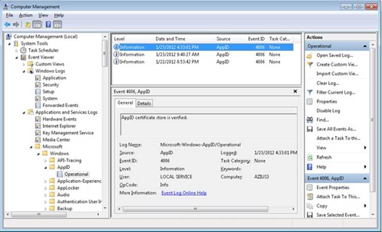 Event Viewer showing AppID service verifying signature of a program.