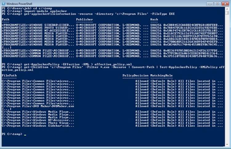 Powershell cmdlets used to examine executables for signatures, save AppLocker policies in an XML file, and test the ability of a user to run the executables