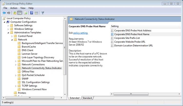 NCSI parameters in the Group Policy editor