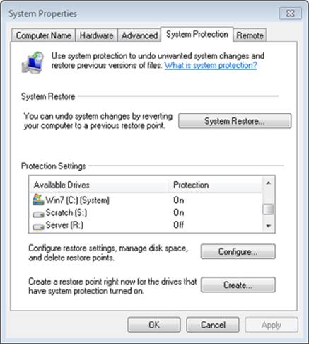 System Restore and Previous Versions configuration