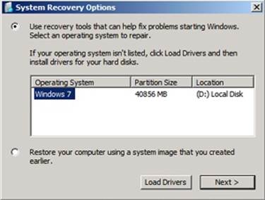 The System Recovery Options dialog box