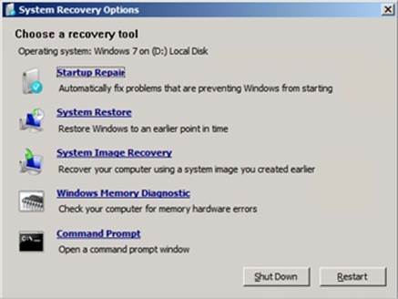 The Advanced System Recovery Options dialog box