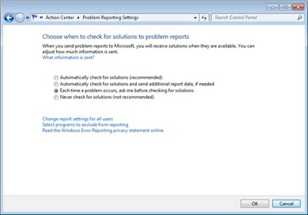 Problem reporting configuration page