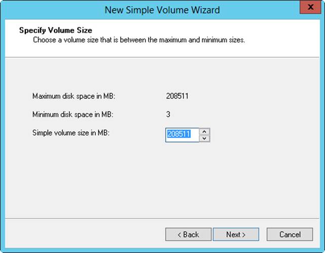 Set the size of the volume on the Specify Volume Size page in the New Simple Volume Wizard.