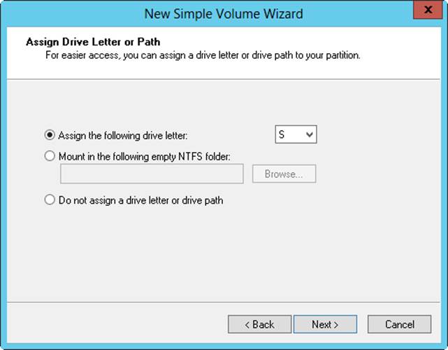 On the Assign Drive Letter Or Path page, assign the drive designator or choose to wait until later.
