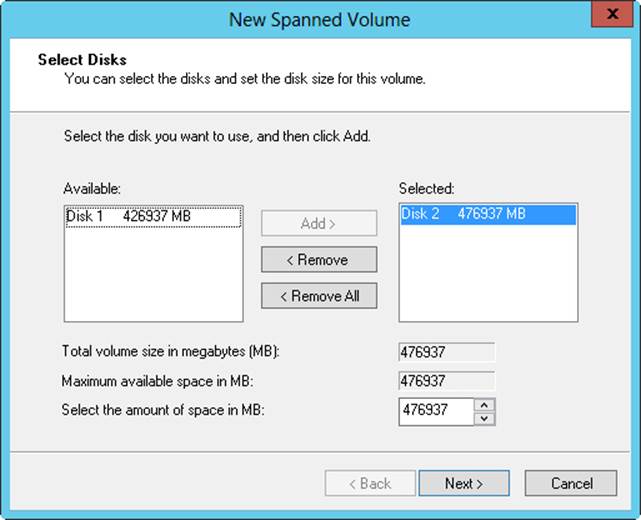 On the Select Disks page, select disks to be a part of the volume, and then size the volume on each disk.