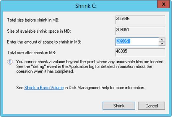 Specify the amount of space to shrink from the volume.