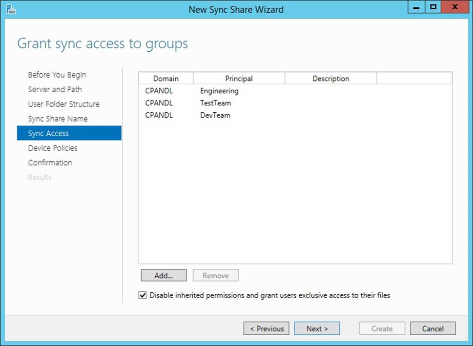 Specify the users and groups that should have access to the sync share.
