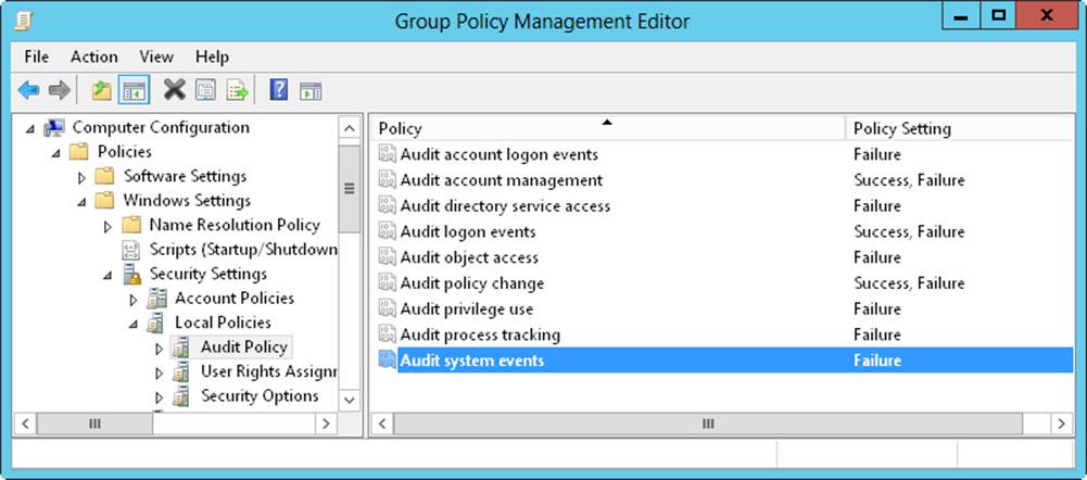 Set auditing policies by using the Audit Policy node in Group Policy.