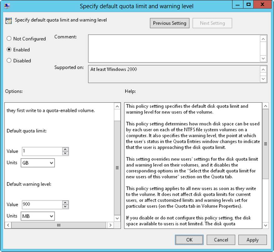 Enforce disk quotas in the Specify Default Quota Limit And Warning Level dialog box.