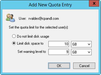 In the Add New Quota Entry dialog box, you can customize the user’s quota limit and warning level or remove quota restrictions altogether.