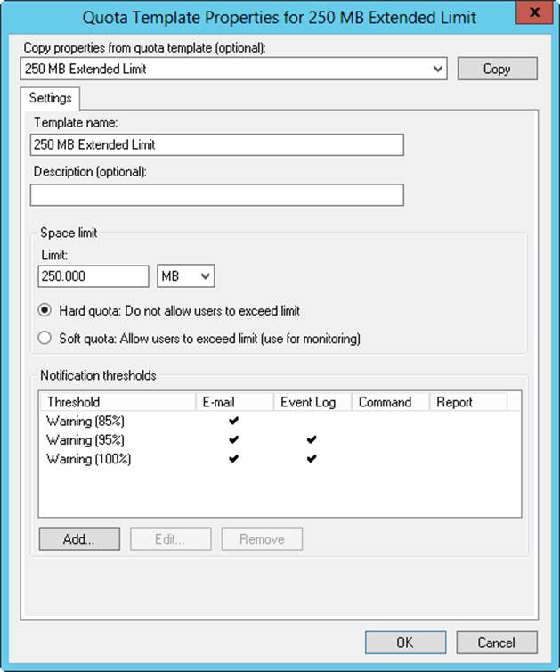Use disk quota properties to configure the limit, quota type, and notification thresholds.