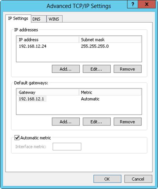 Configure multiple IP addresses and gateways in the Advanced TCP/IP Settings dialog box.