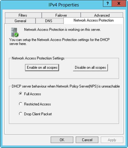 The Network Access Protection tab controls the protection options for DHCP.