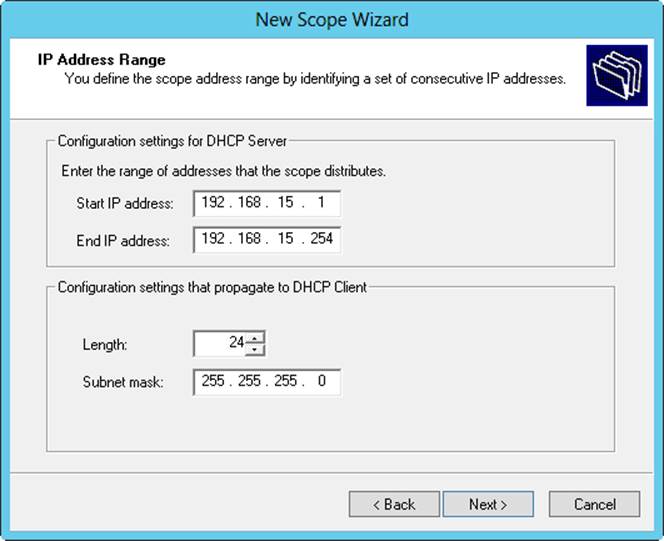 In the New Scope Wizard, enter the IP address range for the scope.