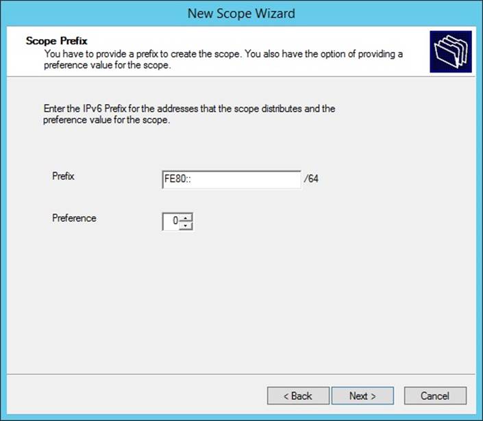 In the New Scope Wizard, enter the network prefix and preference value.