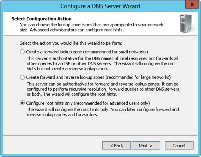 Configure the root hints only to install the base DNS structures.