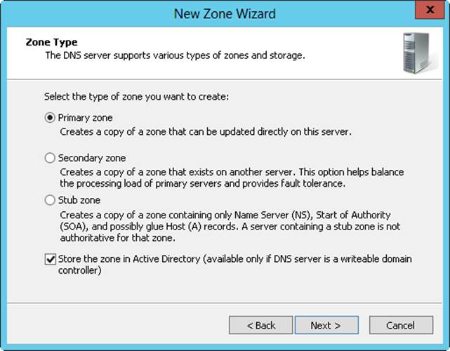In the New Zone Wizard, select the zone type.